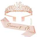 Semato Sweet 16 Party Decorations Set - Rose Gold 16th Birthday Crown and Sweet 16 Sash Glitter Kit for Girls Birthday Happy Birthday Girl Tiara Birthday Party Supplies and Favors