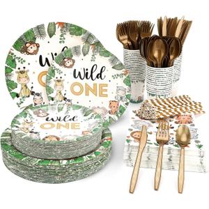 240 pcs wild one birthday decorations for 1st Birthday Decorations,Plates Set for 30 Guests, Jungle Theme Party Supplies Tableware Includes Plates and Cups and Napkins Straws Sets (30 pack)