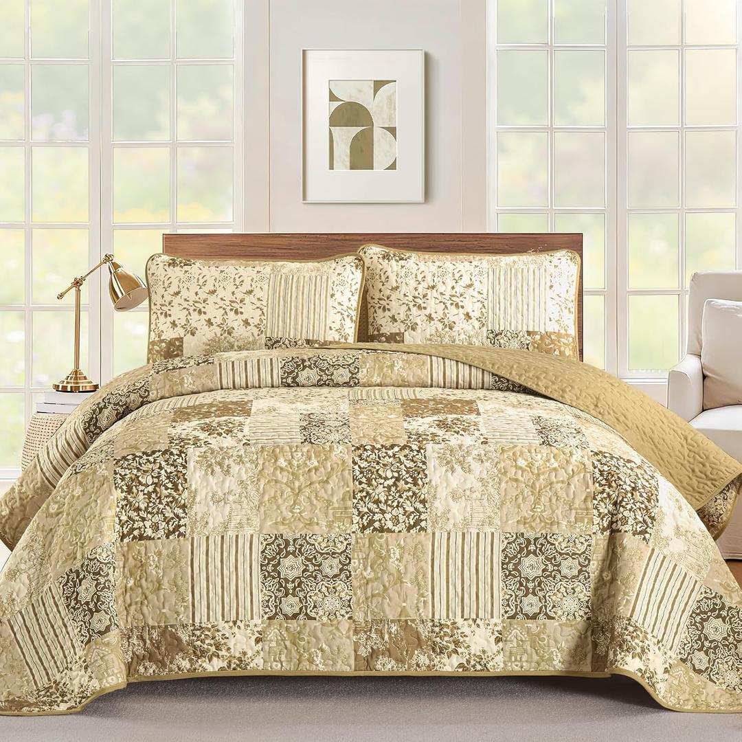 Drucon Quilt Set King Size, Yellow Brown Patchwork Pattern Summer Bedspread Bedding Set, 3 Pieces Soft Lightweight Plaid Coverlet with 2 Pillow Shams for All Season 104x90 Inch
