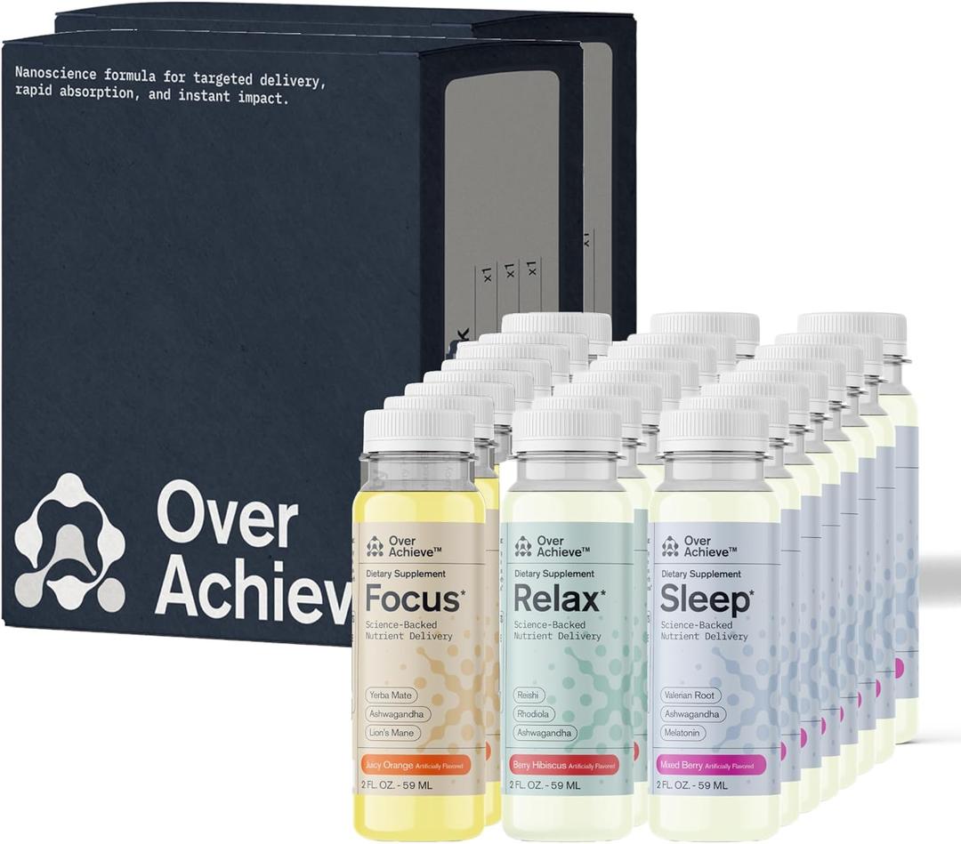 Supplement Variety Pack with Advanced Nanoscience Technology, 24 Pack, Stress Calming Relax Drink, Sleep Aid Drink, Nootropic Brain Supplement Focus Drink, 2 oz Shot
