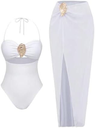 SOLY HUX Women's One Piece Swimsuit Cut Out Halter Metal Bathing Suit with Split Beach Cover Up Skirt. Size L