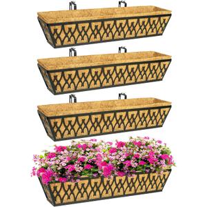 4 Pack 30 Inch Window Boxes Planters Railing Planter Box with Adjustable Brackets for Porch Fence Patio Balcony Hanging Flower Baskets with Coco Liners for Outdoor Garden Decor - Black