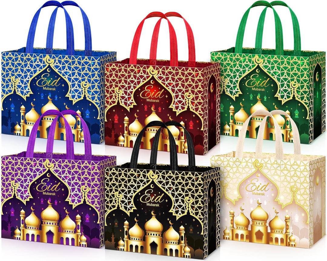 Yoojahow 6 Pcs Eid Mubarak Gift Bags with Handles 12.6 x 9.8 x 6.7 Inch Large Reusable Ramadan Tote Bags Eid Mubarak Non-Woven Treat Goodie for Gifts Wrapping Shopping Ramadan Party Supplies