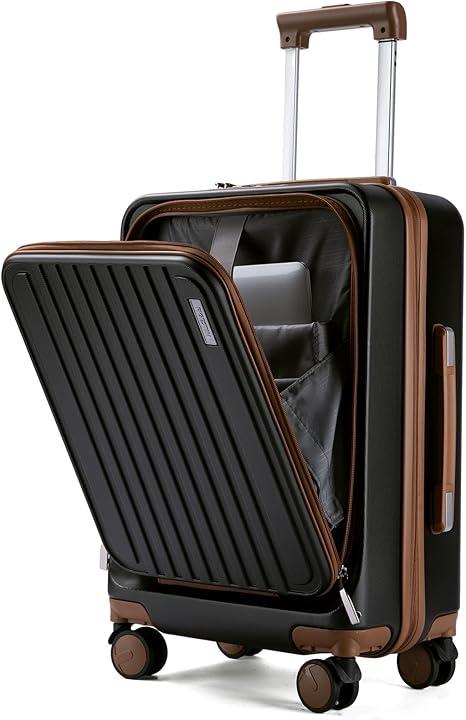Carry on Luggage 22x14x9 Airline Approved, 20 Inch Carry on Luggage with Front Compartment, Travel Carry on Suitcase Lightweight with Wheels Black with Brown (TSA Approved)
