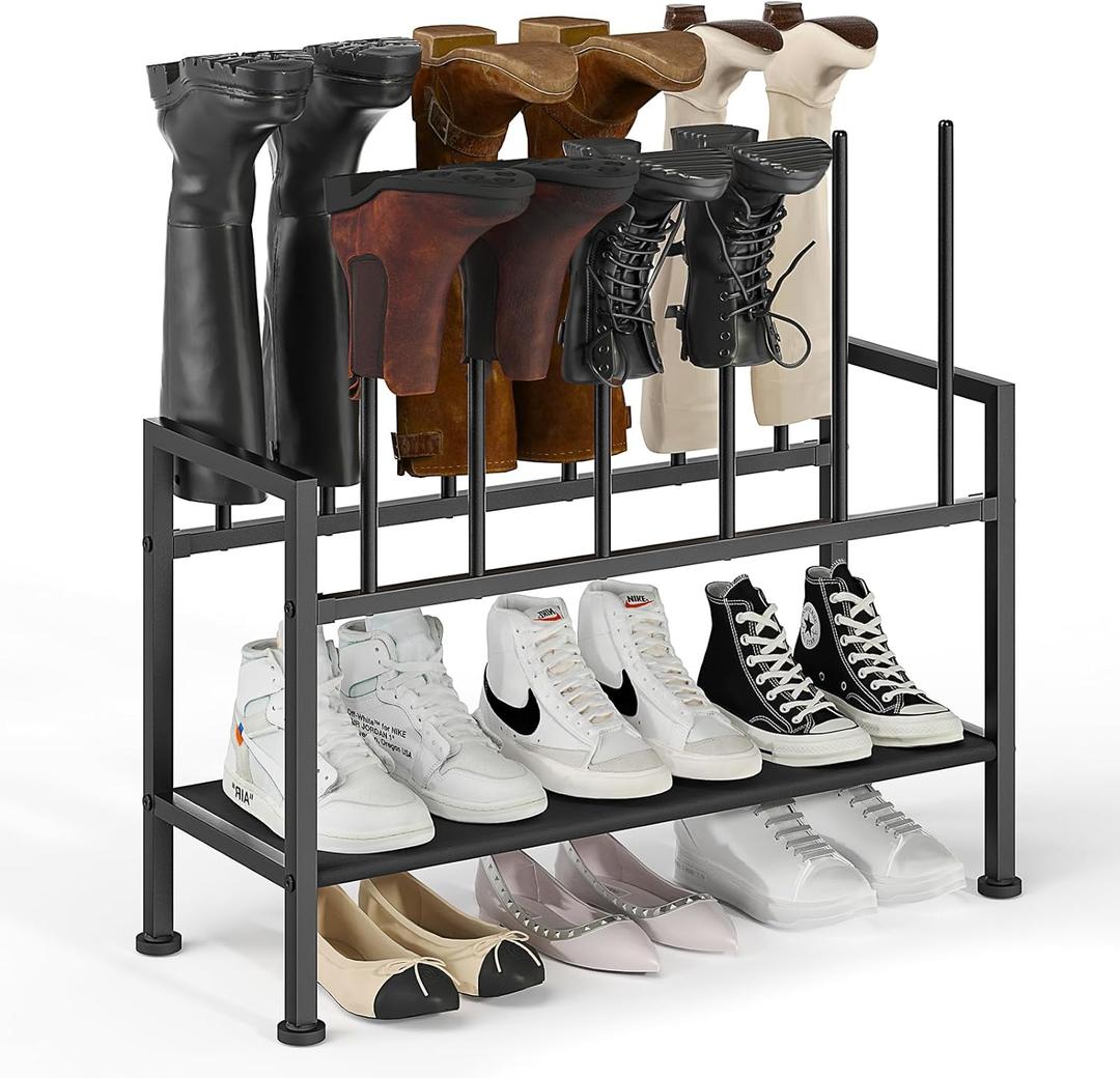 DIMJ Free Standing Shoe Racks - 3-Tier Boot Rack, Black Metal Storage Organizer for Tall Boots, Sneakers, Closet Organizer, Multiuse Shoe Rack, Fits 6 Pairs Black