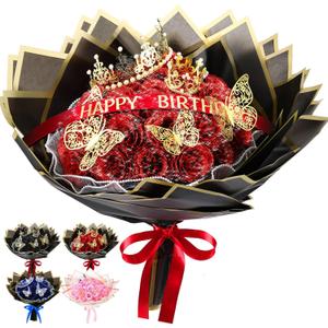 Thiccywoov 60 Pcs Glitter Roses Bouquet Graduation Artificial Rose DIY Flower Bouquet Kit Flower Wrapping Paper 3D Butterflies Crowns for Mom Mother Teacher Birthday (Red)