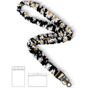 2 x Stretchy Scrunchie Lanyard for ID Badges Keys, Cute Teacher Lanyard for Women with 2 Card Holders 19.6 Inch (Black and White Flowers)