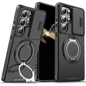 for Samsung S25 Ultra Case,with Slide Camera Lens,Screen Protector,Finger Ring Holder Kickstand,Heavy Duty Shockproof Military Grade Protective Phone Case (Black)