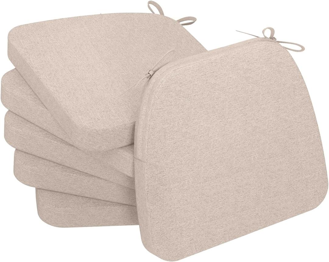 AAAAccessories D-Shaped Chair Cushions, 2" Thick Dining Chair Pads with Ties and Removable, Machine-Washable Cover, 17" x 16", Set of 6, Beige (6 Count(Pack of 1))