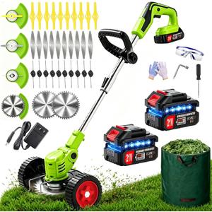 Electric Weed Wacker Cordless, with 2×4.0Ah Batteries, 3-in-1 Cordless Brush Cutter, Lightweight Weed Cordless Eater Battery Powered, Stringless Grass Trimmer, 32-Piece Multi-Blade Kit (Green)