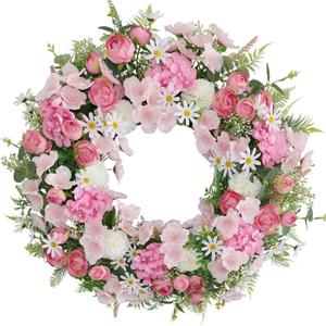 Pink Flower Door Wreath 24-26 Inch  Spring Summer Easter Wreath with Faux Silk Rose Hydrangea White Chrysanthemum Eucalyptus Leaves, Front Door Proch Walls Dcor
