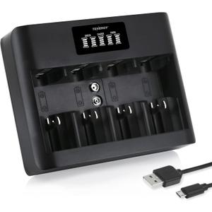 Tenergy TN486U 5-Bay Universal Battery Charger with LCD, Micro USB/Type C Input, for AA, AAA, C, D, and 9V Rechargeable Batteries