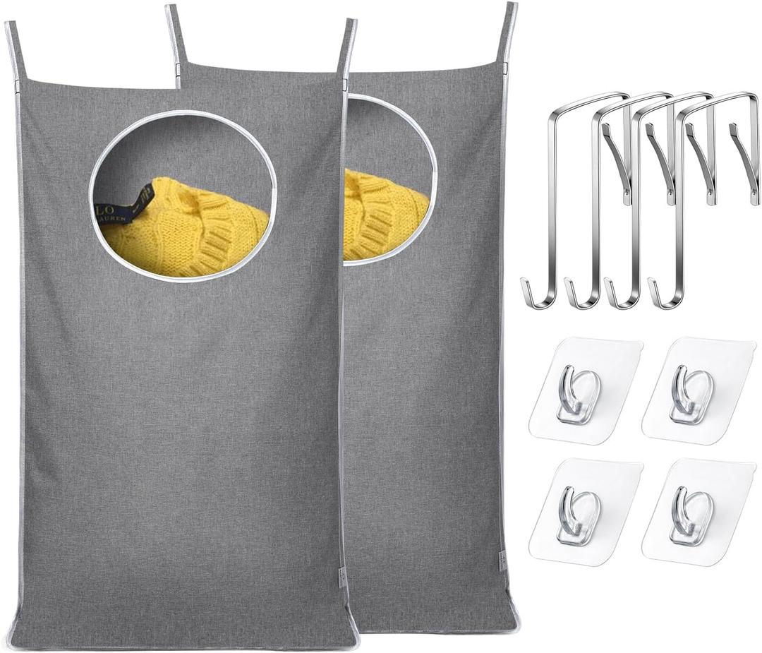 KEEPJOY 2Pack Space-Saving Hanging Laundry Bag, Door Laundry Hamper with 2 Different Types of Hooks, 30x20 Inch Oxford Fabric Laundry Storage Bag for Dirty Clothes (Grey - 2Pack)
