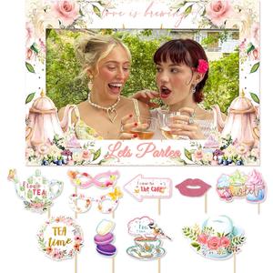 LaVenty Tea Party Decorations Lets Partea Baby Shower Photo Booth Props Tea Party Bridal Shower Photo Booth Props Frame for Partea Time Party Supplies