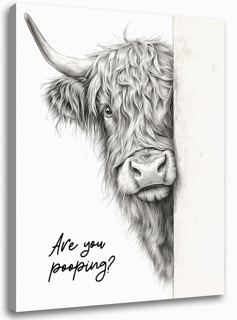 Gongyuanyihao Arts Funny Highland Cow Bathroom Wall Art - Rustic Farmhouse Art with Humorous Are You Pooping Canvas Print, Cute Animal Picture for Restroom - Framed Ready to Hang 16"x20"