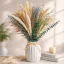 Boho Dried Flower Bouquet Pampas Grass Bouquet with Lavender, Eucalyptus, Wheat & Bunny Tail Rustic Dried Floral Arrangement for Olive Green Decor, Farmhouse Flowers, and Wedding Centerpieces