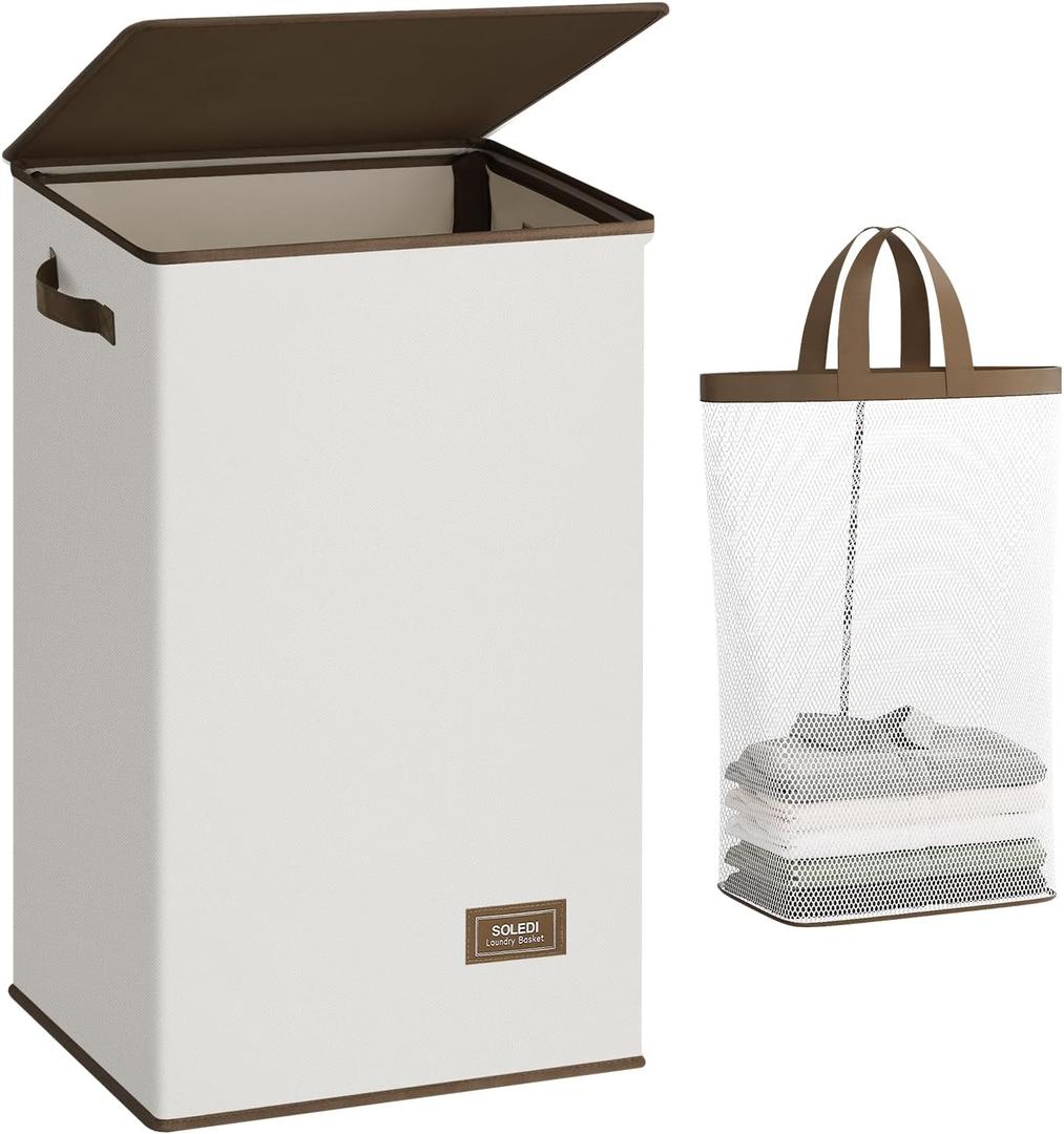 SOLEDI Laundry Hamper with Lid 90L Large & Tall Collapsible Laundry Basket, Clothes Hamper with Bag Removable Easy to Carry, Dirty Hampers for Bedroom, Bathroom, Dorm, College, Beige (Off-White)