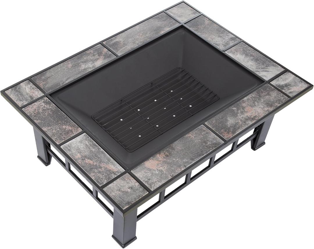 Fire Pit Set, Wood Burning Pit -Includes Screen, Cover and Log Poker- Great for Outdoor and Patio, 37 Marble Tile Rectangular Firepit by Pure Garden