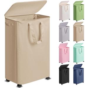 Vincona Slim Laundry Hamper with Lid and Wheels, Small Rolling Laundry Basket with Handle for Small Spaces, Tall Dirty Clothes Hampers for Dorm, Bathroom and Bedroom, 75L, Oatmeal