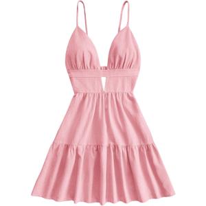 SOLY HUX Women's Summer Mini Dresses Printed V Neck Spaghetti Straps Party Beach Cami Dresses, Large, Solid Pink 