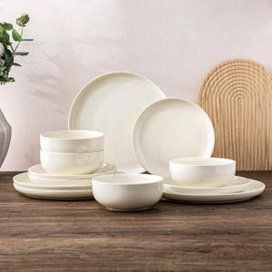 AmorArc Ceramic Dinnerware Sets of 4, Porcelain Plates and Bowls Sets, Scratch Resistant Dishes Set, Dishwasher & Microwave & Oven Safe Dishware Service for 4,12 pcs (Ivory)