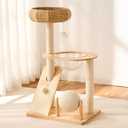 HITTITE Solid Wood Cat Tree Tower with Scratching Post, 36.6 Inches Tall Cat Towers with Scratching Board and Scratcher Ball, Modern Cat Tower With Space Capsule and Hand-Woven Basket for Indoor Cats.