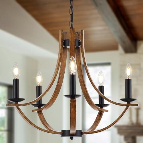 Widluth 22“ Farmhouse Wooden Chandelier Modern Vintage 5-Lights Candle Style Chandeliers with Wood Finish Metal Industrial Retro Rustic Black Chandelier for Dining Room, Kitchen, Living Room, E12