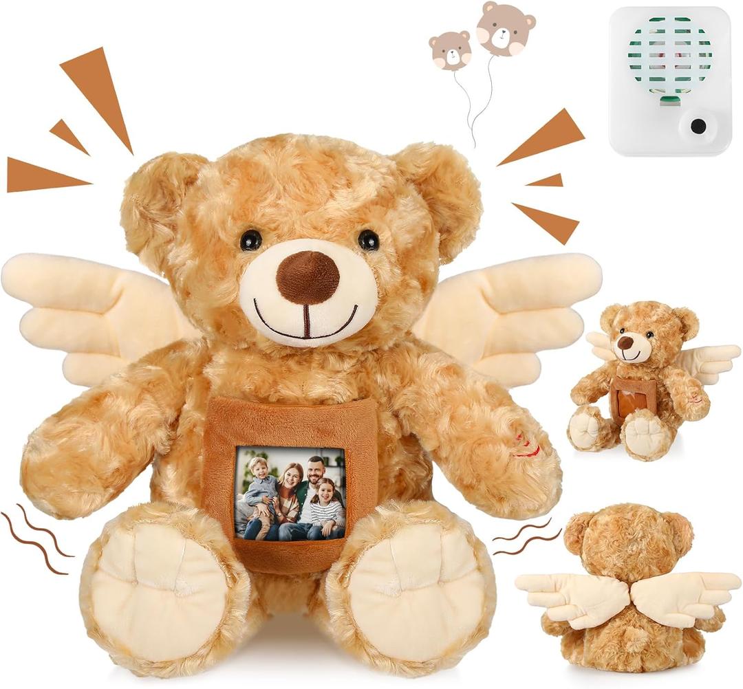 Leyndo 12 Inch Angel Remembrance Bear Plush Stuffed Animal with Recorder Soft Plush Animal Toy with a Picture Frame for Baby Shower Birthday Party Wedding Gift(Brown)