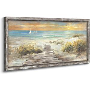 Beach Wall Art for Living Room: Coastal Artwork Walls Framed Hand Painted Heavy Texture Pathway Painting on Seaside Picture Wooden Home(48x24)