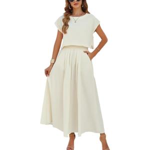 HangNiFang Summer Skirt Sets Women 2 Piece Outfits Cap Sleeve Top Elastic Waist Lightweight Maxi Dress Sets with Pockets (Medium, Beige)