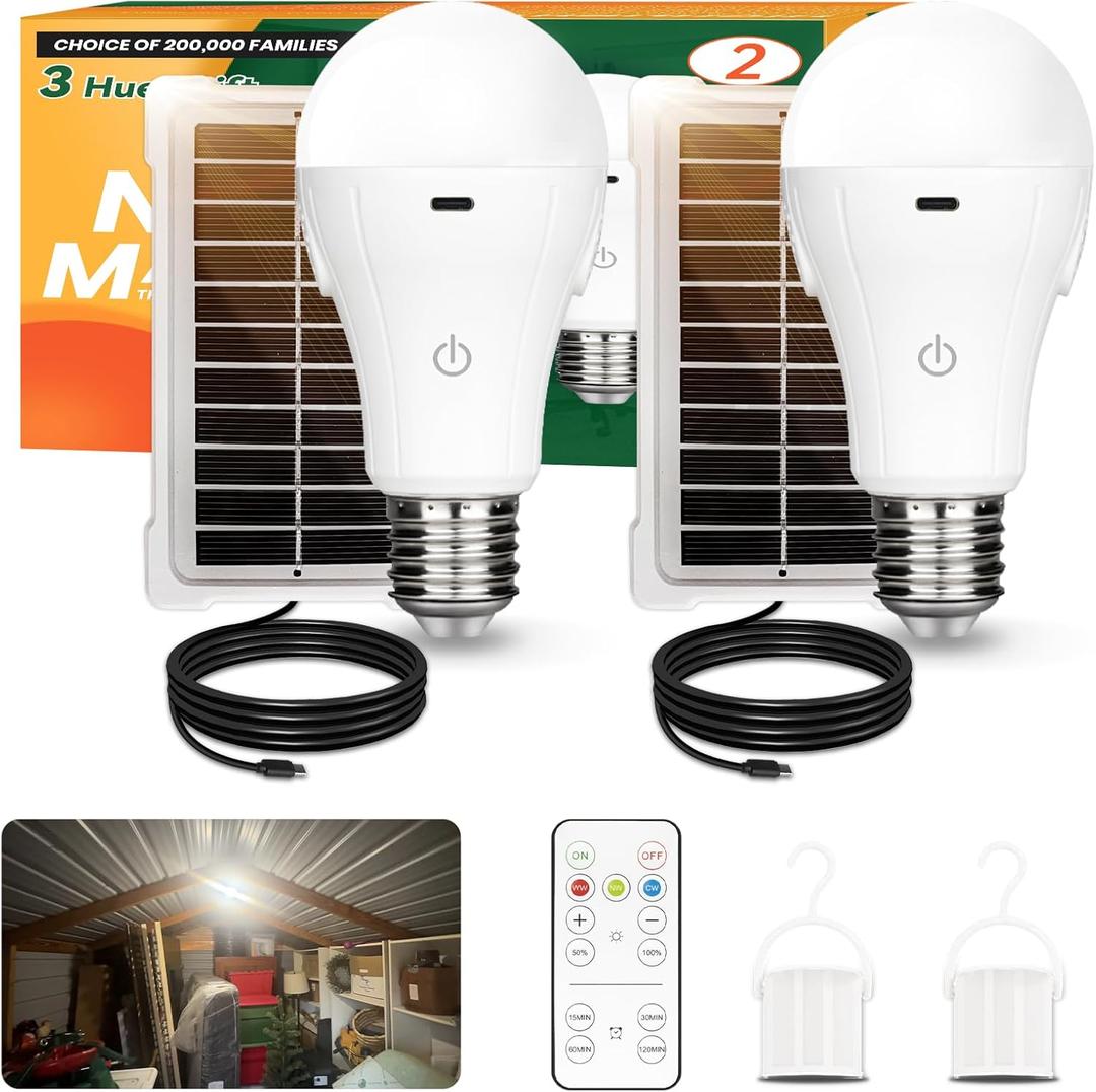 Neporal MagicGlow Rechargeable Solar Light Bulbs with Remote, USB+Solar Rechargeable Bulbs, 3 Colors Shift + Dimmable Battery Light Bulb, A19 Emergency LED Light Bulbs, 15W, Up to 24 Hours, 2 Pack