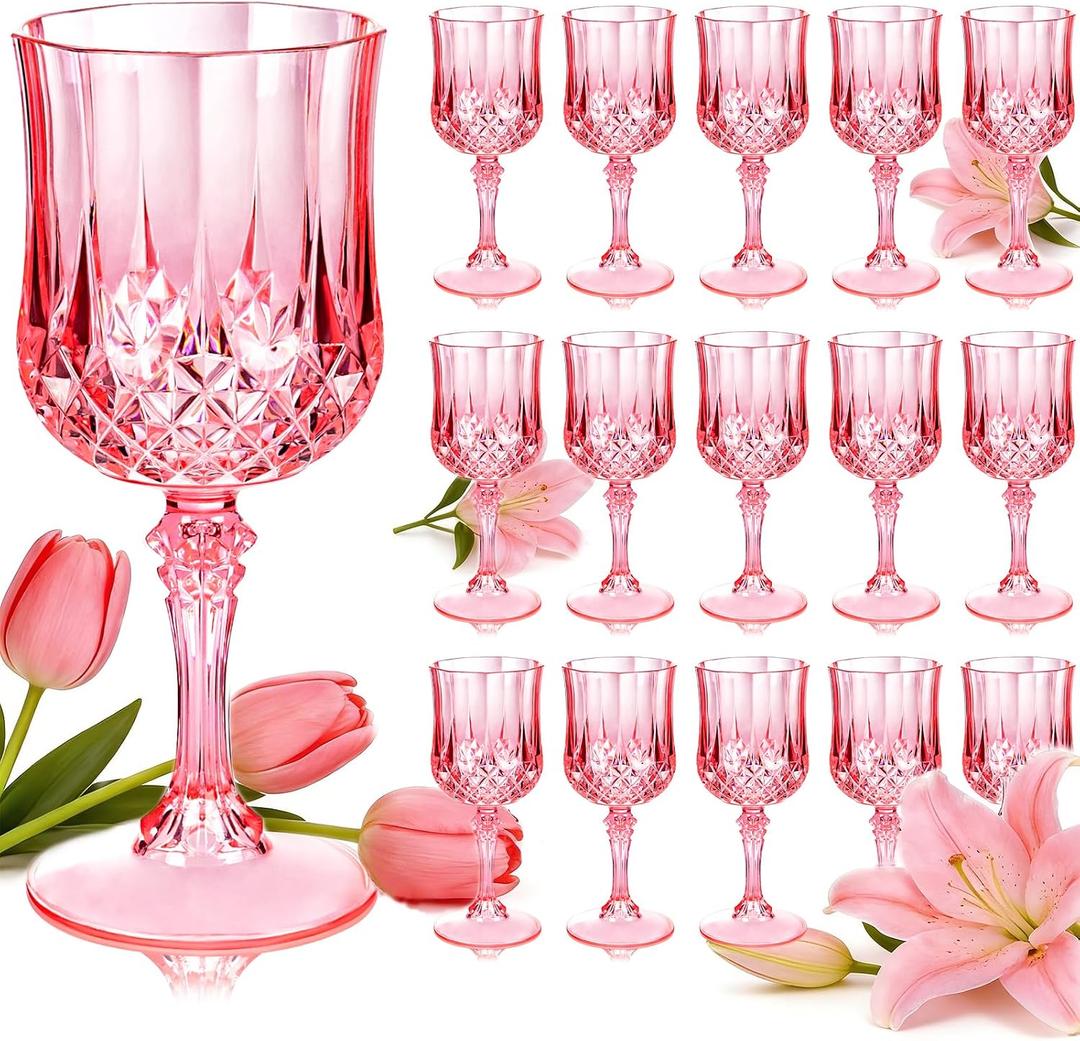 Ciaell 24PCS Pink Plastic Wine Glasses - 7 Oz Plastic Goblets for Party - Pink Vintage Drinking Glasses - Disposable Water Goblets Set for Wedding, Bar, Wine, Cocktail, Whiskey & Mother's Day