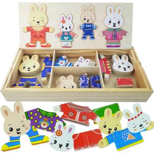 Wooden Bunny Family Dress-up Puzzle Box for Toddlers(72pcs),Change Clothes Puzzle Games, Preschool Learning Activities Toys for Kids Ages 3+
