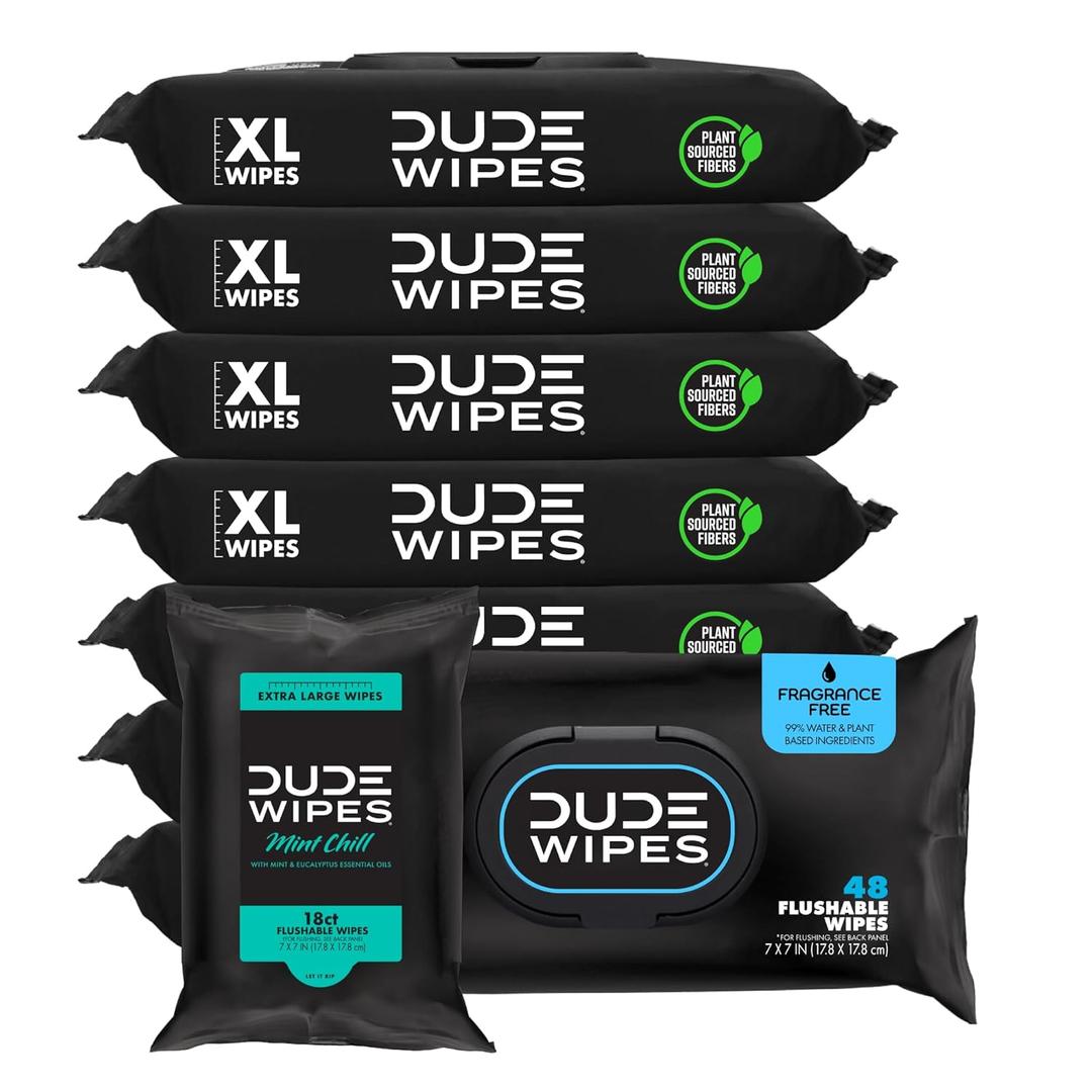 DUDE Wipes - Flushable Wipes - Unscented 6 Pack + Mint Travel Pack, 402 Wipes - Extra Large Dispenser Wet Wipes with Vitamin E & Aloe For Men - Septic and Sewer Safe