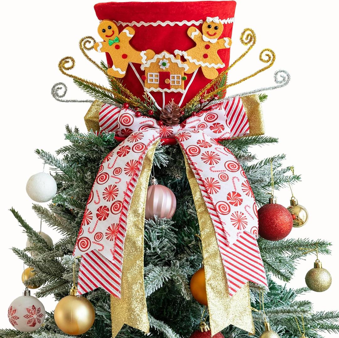 Christmas Tree Topper Hat, Gingerbread Man Christmas Tree Topper, Tree Topper Christmas Decorations with Bow Ribbon Christmas Tree Ornaments for Home Xmas Décor