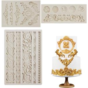 3 Pieces Baroque Fondant Molds Scroll Border Lace Silicone Molds Curlicues Gum Paste Candy Chocolate Molds for Cake Decorating Sugar Craft Polymer Clay
