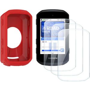 Screen Protector for Garmin Edge 850/Edge 550 GPS (3+1pack) and Silicone Case Cover,Tempered Glass Film Anti-Scratch High Definition Full Coverage (Red)