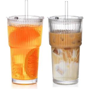 20oz Iced Coffee Cups with Lids,Coffee Bar Accessories, 2 Piece Ribbed Glass Cups with Lids and Straws, Vintage Glass Tumbler with Straw, Thicked Wall Drinking Glasses Ideal for Coffee