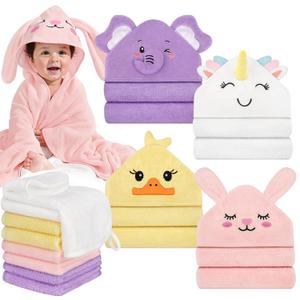 12 PCS Baby Bath Towels for Infants Toddlers, 4 PCS Animal Hooded Baby Towels & 8 PCS Washcloths Set, Ultra Absorbent Soft Cute Newborn Bath Essential Gifts for Boys & Girls