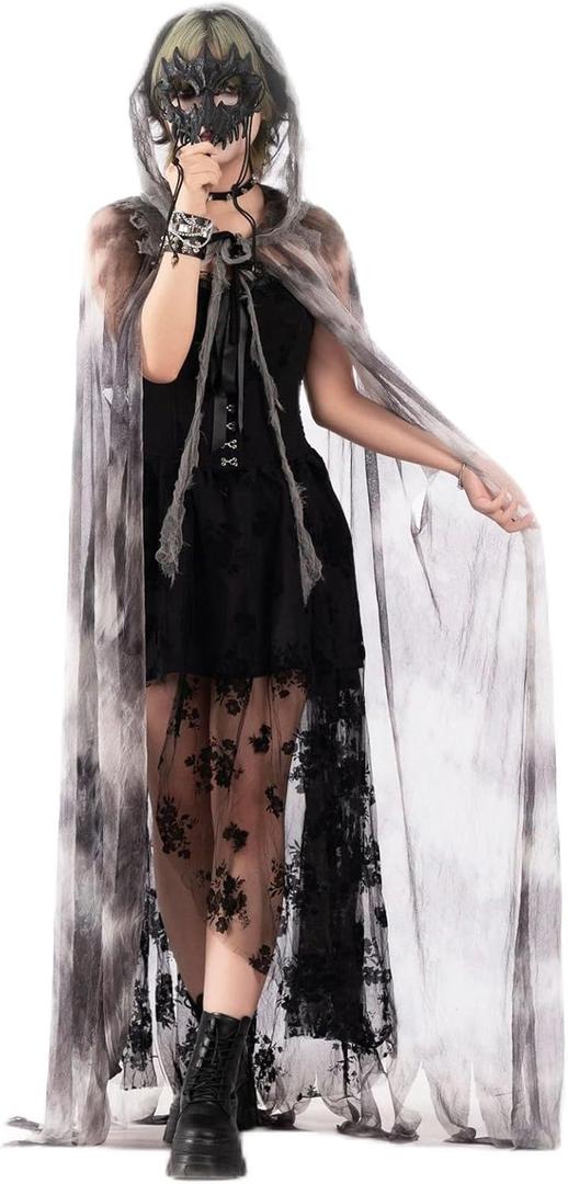 Halloween Costumes Cloak,Tulle Hooded Cape for Women and Dragon God Mask Cosplay Vampire Cape Witch Cloak Dark Gray