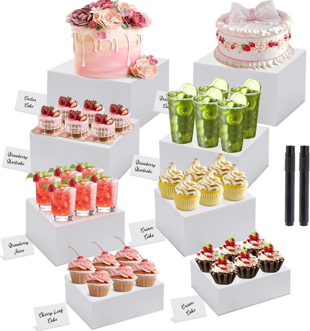 Buffet Risers, Acrylic Food Risers for Buffet Table, 8Pcs Buffet Table Risers with Mini Signs, Food Service Risers Display Stands Risers with Hollow Bottoms, 6" 6.5" 7" 8'' Risers for Buffet Jewelry