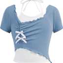 RoseSeek Girl's Halter Crop Tops Colorblock Bowknot Fake Two Piece Cute Summer T Shirt Y2k Tops Trendy White Blue 10Yrs Old 
