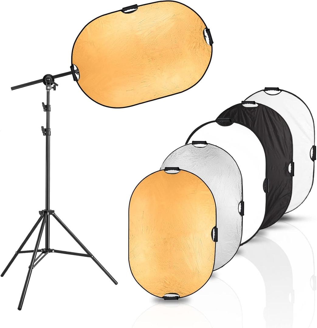 Selens Photography Reflector Stand kit, 24x36 inches 5 in 1 reflectors with 78 inches Light Stands and Extendable Holder Arm Clips for Photo Studio Lighting