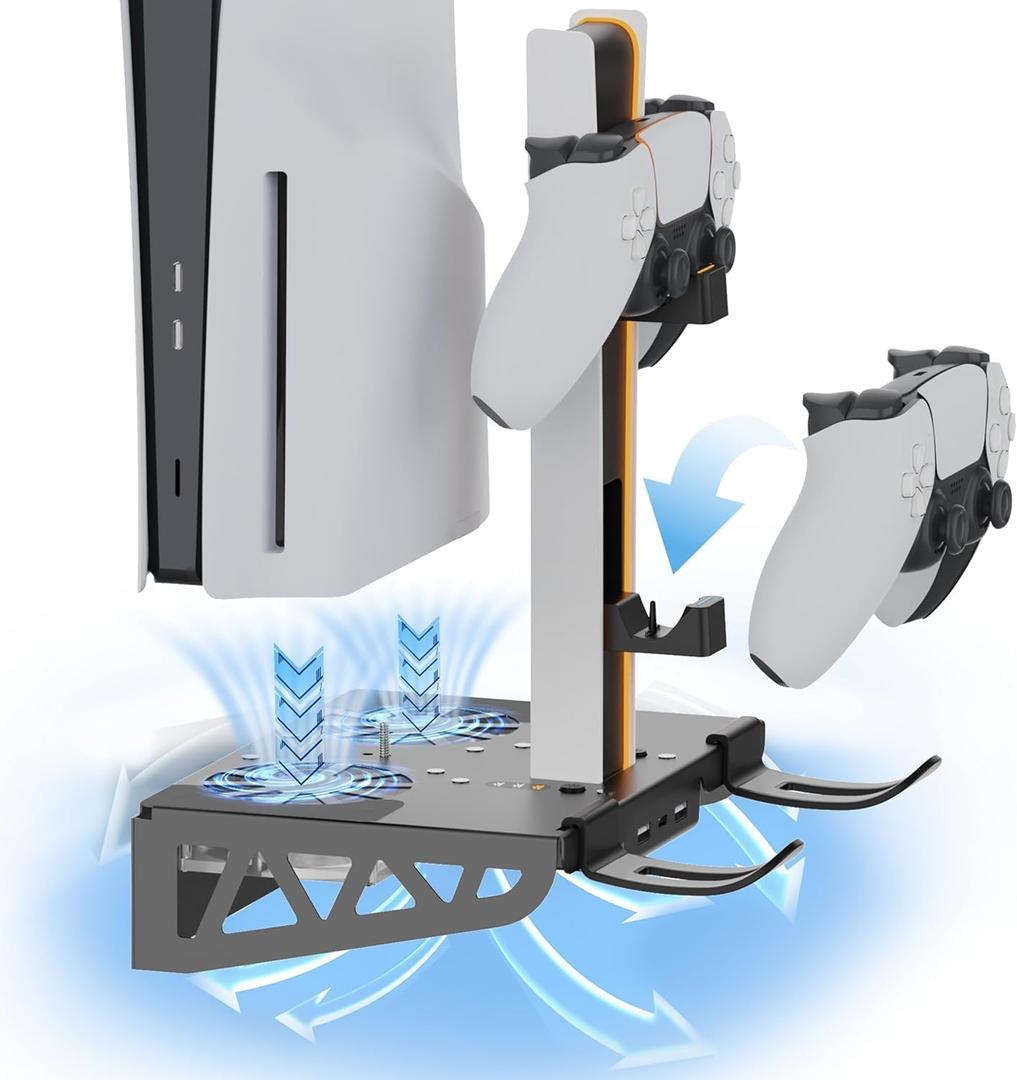 AodoT PS5/PS5 Slim/ PS5 Pro Wall Mount, Accessories Kit with Cooling Fan & Charging Station, Shelf Floating Mount for PS5/PS5 Slim/ PS5 Pro Disc & Digital Console, Behind TV Wall Bracket