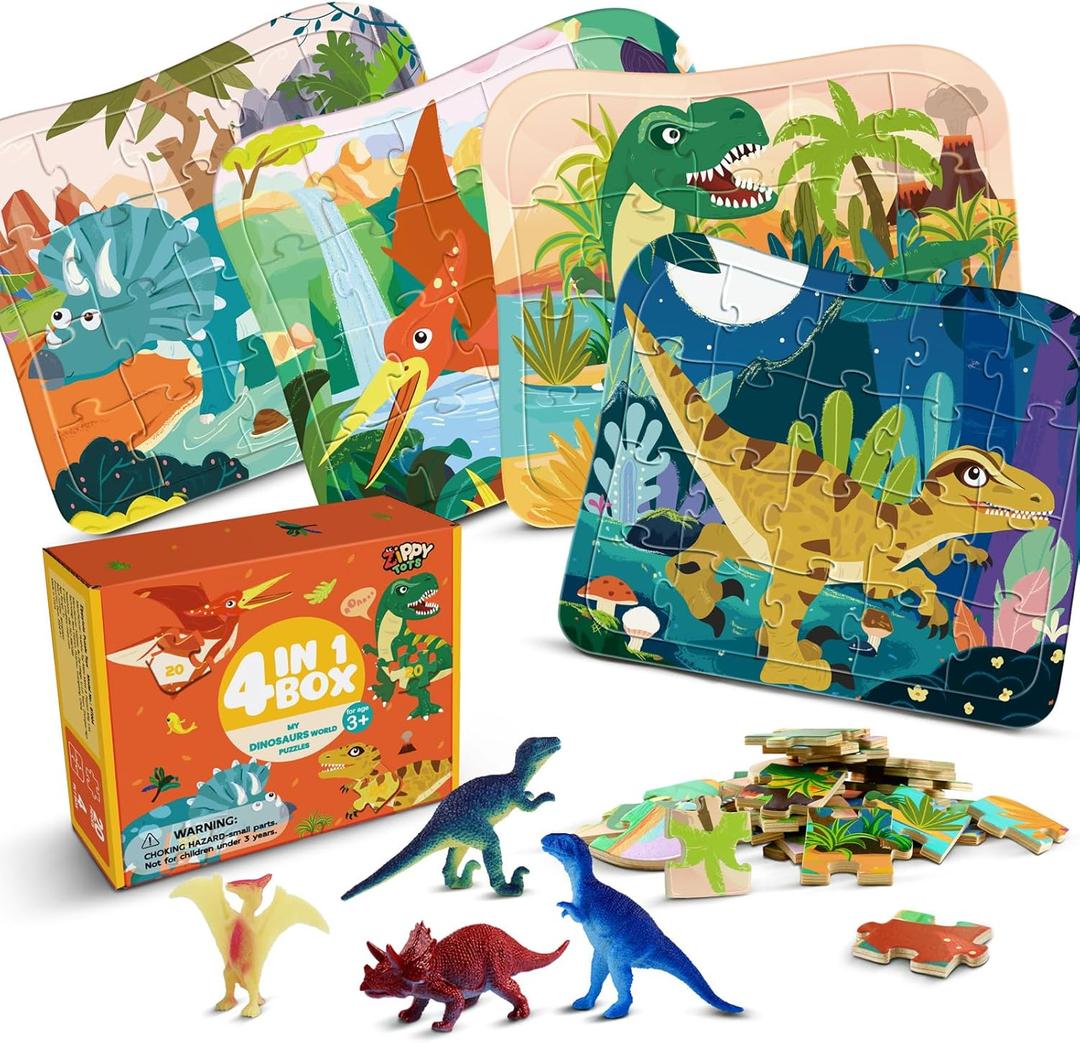 Wooden Dinosaur Puzzles for Kids Ages 4-6, 4 in 1 Gift Box 4-Pack 20-Piece Jigsaw Puzzles Come with 4 Small Dino Figures,Preschool Educational Toys Gifts for Kids Boys Girls Ages 3+