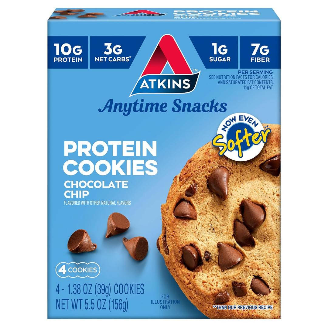Atkins Chocolate Chip Protein Cookie, Protein Dessert, Rich in Fiber, 3g Net Carb, 1g Sugar, Keto Friendly, 4 Count (EXP 07/16/26)