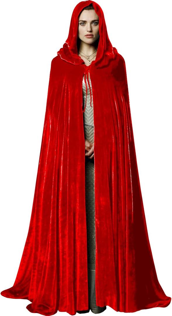 Unisex Adult Black Witch Cape Full Length Hooded Robe Cloak Halloween Dress Up Parties (Red-1)