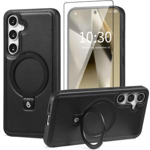 for Samsung Galaxy S25 Plus Case with Stand Magnetic, Compatible with MagSafe Ring Leather Case, with Camera Lens and Screen Protector, Protective Military Grade Shockproof, Black