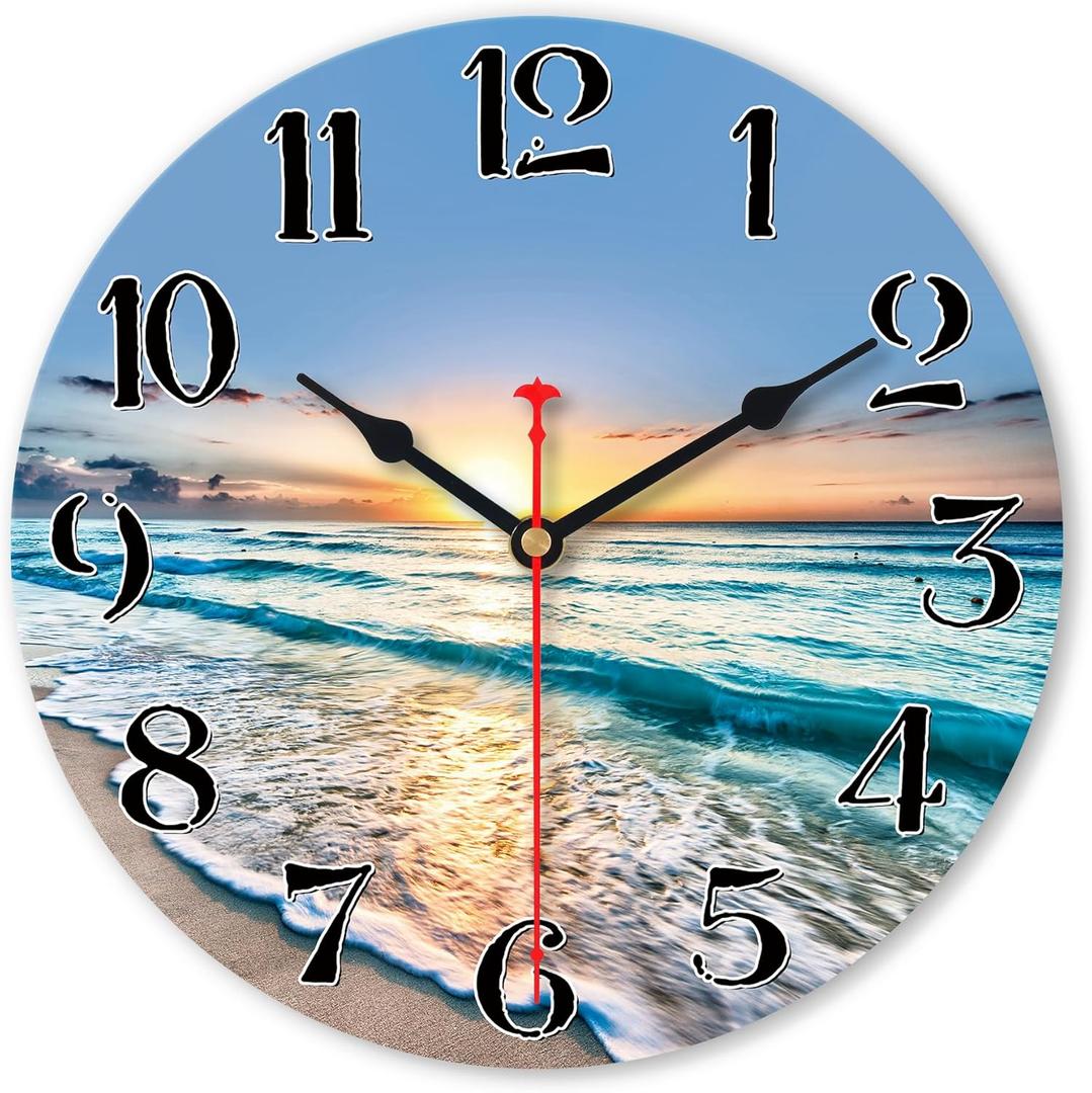 VIKMARI Beach Wall Clock Battery Operated 8 Inches Blue Ocean Coastal Home Decorative Beautiful Sea Kitchen Decor Small Silent Non-Ticking Quartz Wooden Analog Clock for Office,Bedroom,Living Room