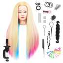 Mannequin Head with Long Synthetic Fiber Colorful Hair Styling Training Head 26-28inch Manikin Cosmetology Doll Head Hairdressing Training Model for Cutting Braiding Practice and Free Clamp Holder
